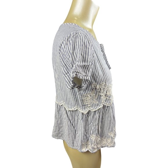 womens savanna jane small blue white stripe emroidered floral baby doll top - Picture 5 of 9